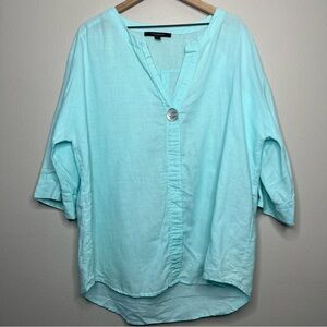Marc New York Women Linen Top XL Blue Lagenlook Half Sleeve Coastal Resort